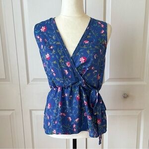 Sienna Sky Blue Sleeveless Faux Wrap Blouse w/ Floral Print - Sz. S